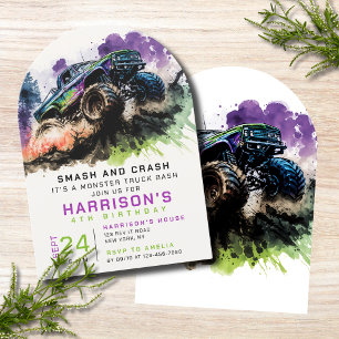 4th Birthday Monster Truck Smash Crash Kids Invitation