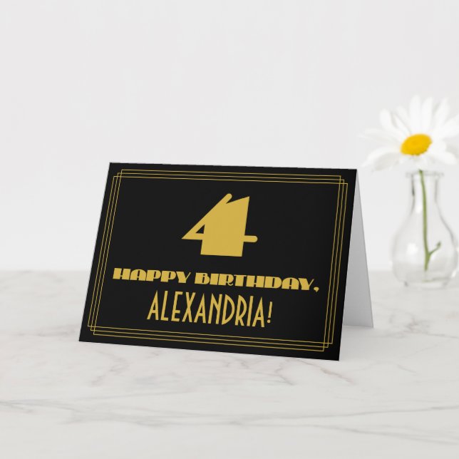 4th Birthday: Name + Art Deco Inspired Look "4" Card (Small Plant)