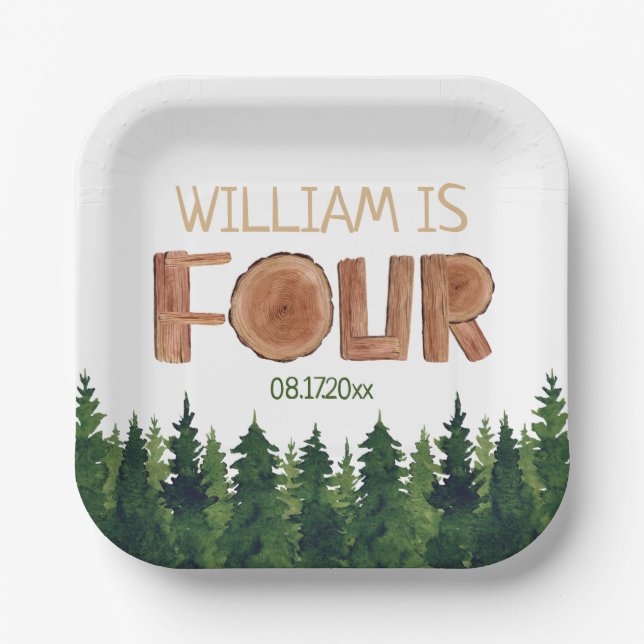 4th Birthday Name Green Trees  Paper Plates (Front)