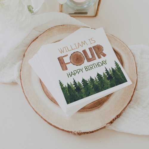 4th Birthday Name Rustic Green Trees  Napkins