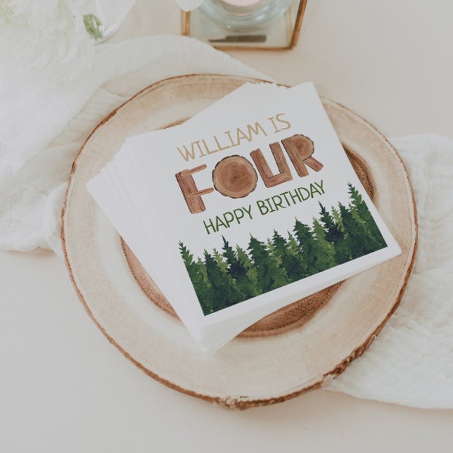 4th Birthday Name Rustic Green Trees  Napkins (Creator Uploaded)