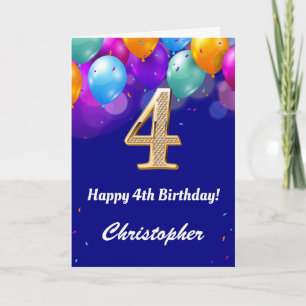 4th Birthday Navy Blue and Gold Colorful Balloons Card