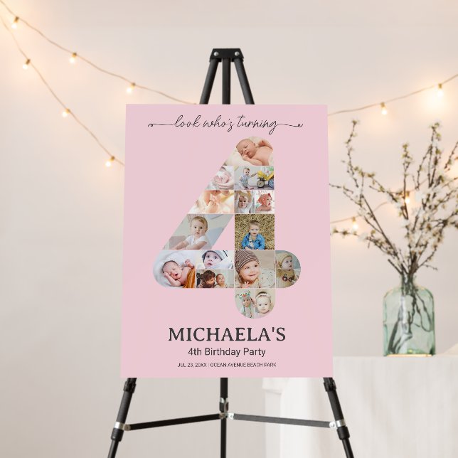 4th Birthday Number 4 Custom Photo Collage Pink Foam Board (In Situ (Stand))