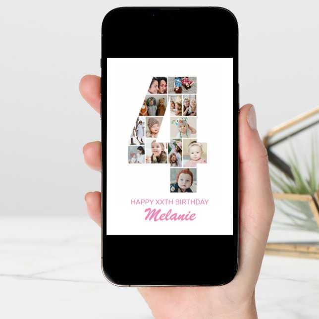 4th Birthday Number 4 Photo Collage Personalized Card (Front Digital)