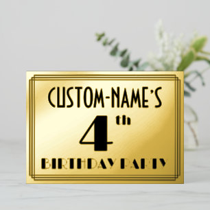 4th Birthday Party — Art Deco Look “4” + Name Foil Invitation