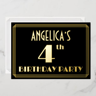 4th Birthday Party: Art Deco Look “4”, w/ Name Foil Invitation