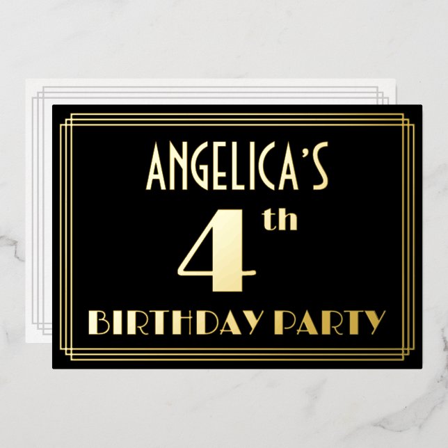 4th Birthday Party: Art Deco Look “4”, w/ Name Foil Invitation (Front/Back)