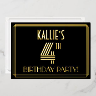 4th Birthday Party — Art Deco Style “4” + Name Foil Invitation
