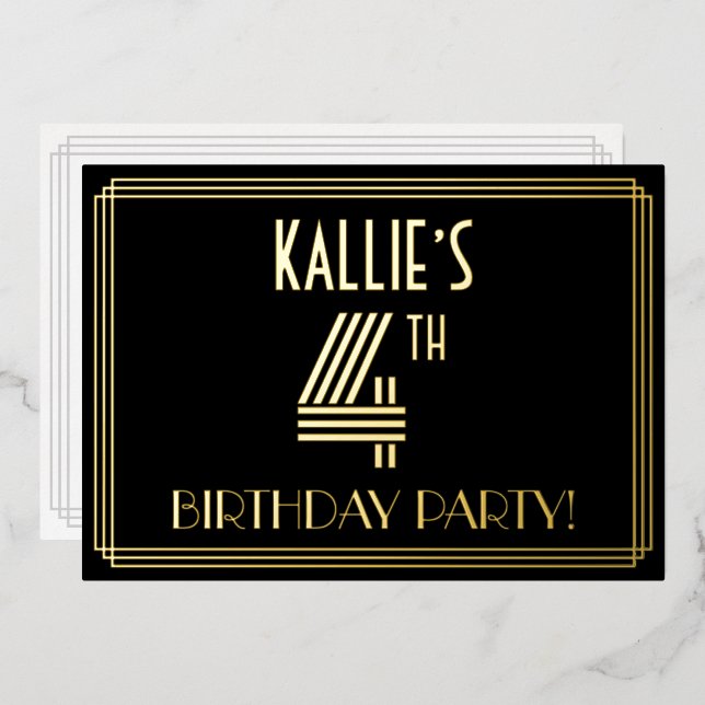 4th Birthday Party — Art Deco Style “4” + Name Foil Invitation (Front/Back)