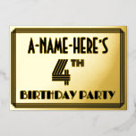 [ Thumbnail: 4th Birthday Party — Art Deco Style “4” & Name Invitation ]