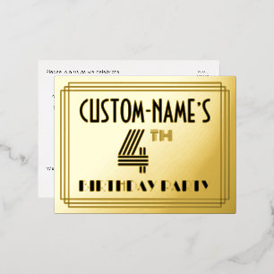 4th Birthday Party ~ Art Deco Style “4” + Name Foil Invitation Postcard