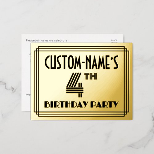 4th Birthday Party  Art Deco Style 4  Name Foil Invitation Postcard