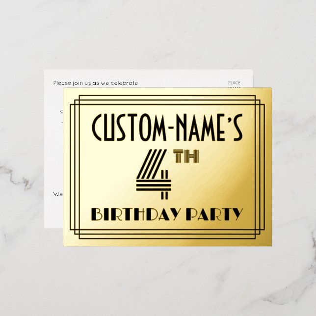 4th Birthday Party ~ Art Deco Style “4” + Name Foil Invitation Postcard (Front/Back)