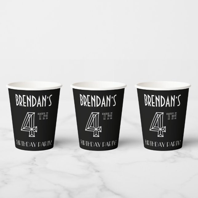 4th Birthday Party: Art Deco Style + Custom Name Paper Cups (Multi)