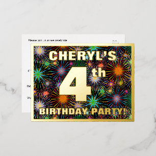 4th Birthday Party: Bold, Colorful Fireworks Look Foil Invitation Postcard