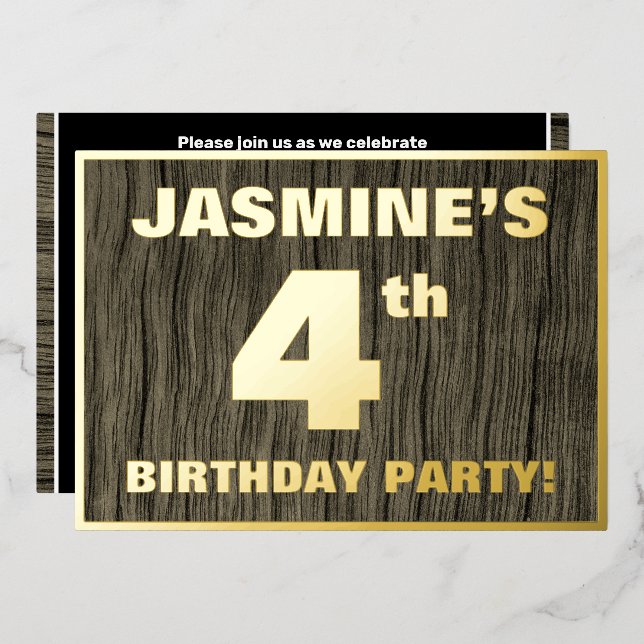 4th Birthday Party: Bold, Faux Wood Grain Pattern Foil Invitation (Front/Back)