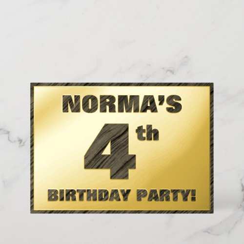 4th Birthday Party  Bold Faux Wood Grain Text Foil Invitation