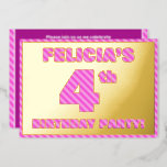 [ Thumbnail: 4th Birthday Party — Bold, Fun, Pink Stripes # 4 Invitation ]
