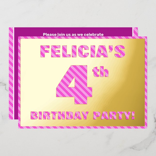 4th Birthday Party — Bold, Fun, Pink Stripes # 4 Foil Invitation (Front/Back)