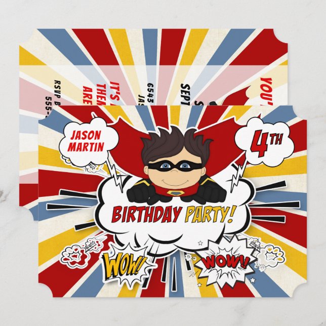 4th Birthday Party Boys Superhero Red Comic Invitation (Front/Back)