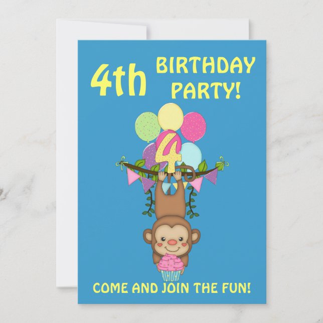 4th Birthday Party-Cute Monkey+Colorful Balloons Invitation (Front)