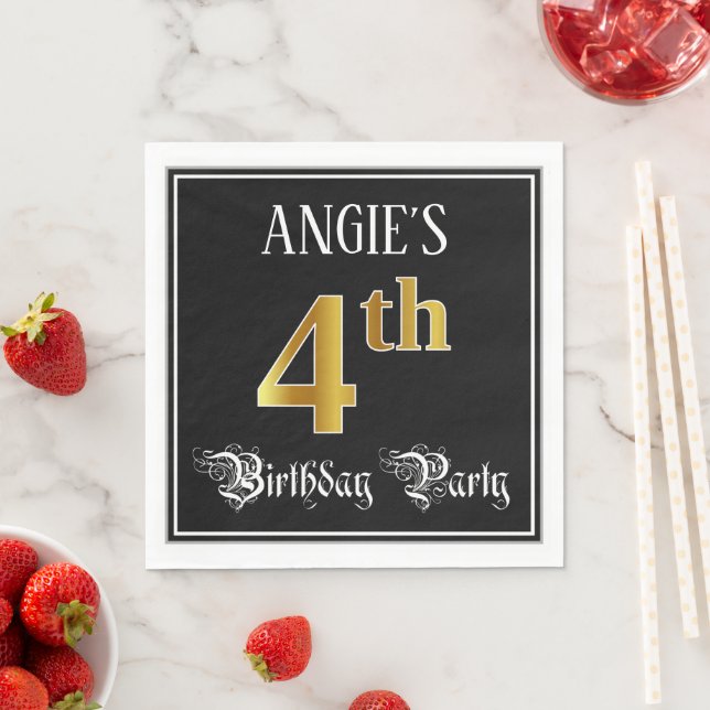 4th Birthday Party — Fancy Script, Faux Gold Look Napkins (Insitu)