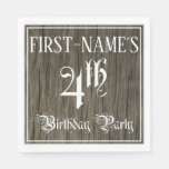 [ Thumbnail: 4th Birthday Party — Fancy Script, Faux Wood Look Napkins ]