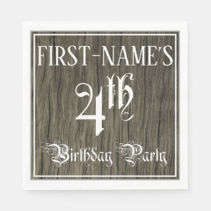4th Birthday Party — Fancy Script, Faux Wood Look Napkins