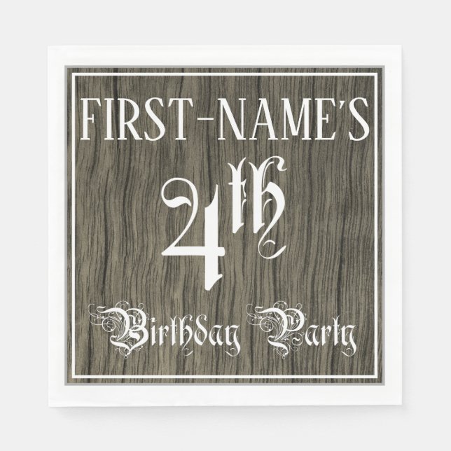 4th Birthday Party — Fancy Script, Faux Wood Look Napkins (Front)