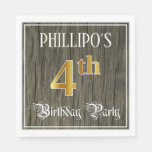 [ Thumbnail: 4th Birthday Party — Faux Gold & Faux Wood Looks Napkins ]