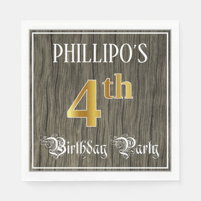 4th Birthday Party — Faux Gold & Faux Wood Looks Napkins (Front)