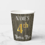 [ Thumbnail: 4th Birthday Party — Faux Gold & Faux Wood Looks Paper Cups ]