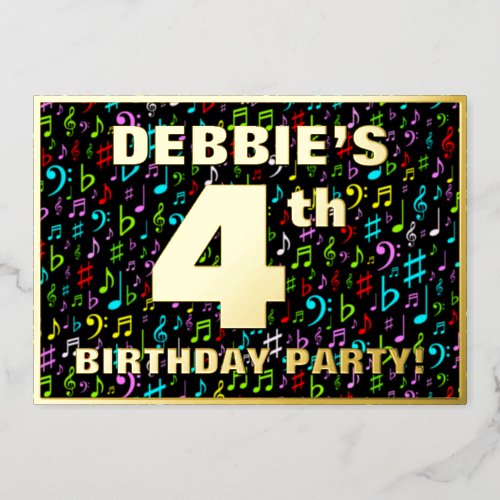 4th Birthday Party  Fun Colorful Music Symbols Foil Invitation