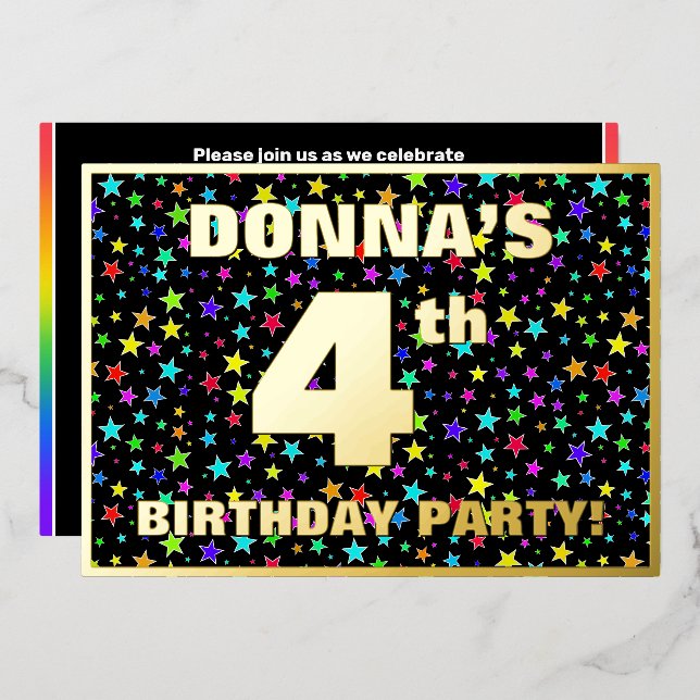 4th Birthday Party — Fun, Colorful Stars Pattern Foil Invitation (Front/Back)