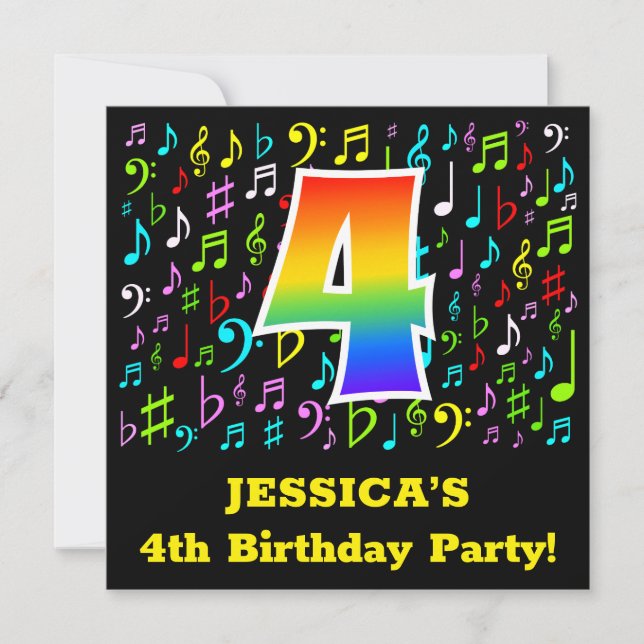 4th Birthday Party: Fun Music Symbols, Rainbow 4 Invitation (Front)