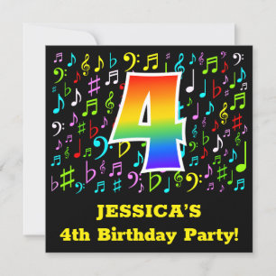 4th Birthday Party: Fun Music Symbols, Rainbow 4 Invitation