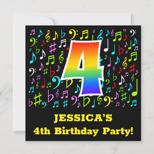 4th Birthday Party Fun Music Symbols Rainbow 4 Invitation