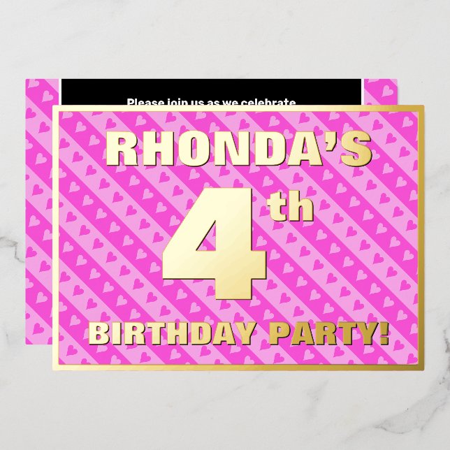 4th Birthday Party — Fun Pink Hearts and Stripes Foil Invitation (Front/Back)
