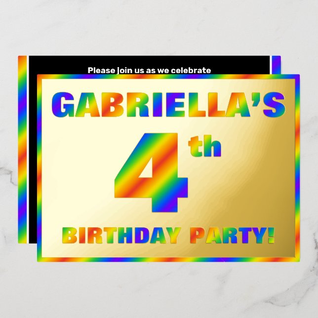 4th Birthday Party — Fun, Rainbow Spectrum “4” Foil Invitation (Front/Back)