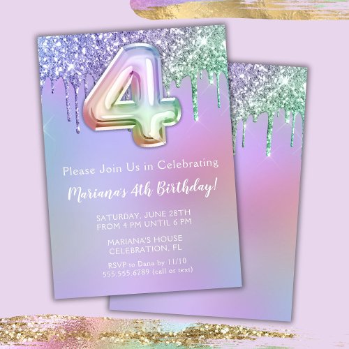4th Birthday Party Invitation Purple Pink Glitter