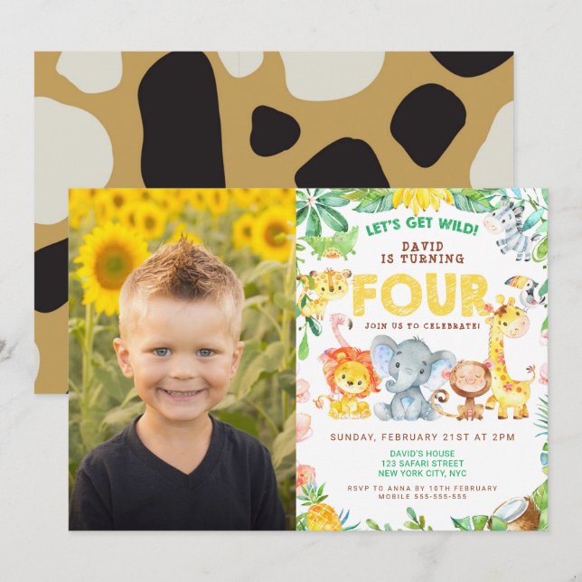 4th Birthday Party Safari Jungle Animals Boy Photo Invitation (Front/Back)