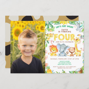 4th Birthday Party Safari Jungle Animals Boy Photo Invitation