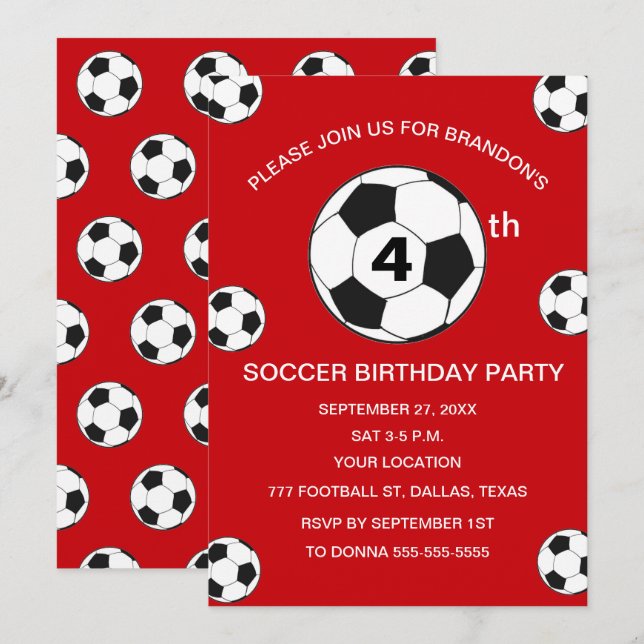 4th Birthday Party Soccer Red Boys Sports Invitation (Front/Back)