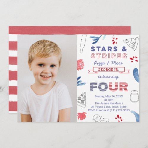 4th Birthday Party Stars and Stripes Pizza Invitation