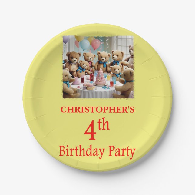 4th Birthday Party Teddy Bears Party Paper Plates (Front)