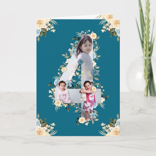 4th Birthday Photo Collage Blue Yellow Flower Teal Card
