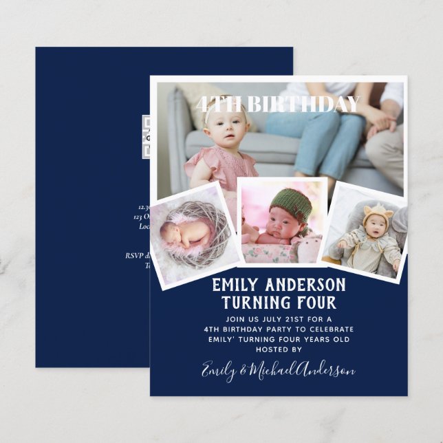 4TH Birthday Photo Collage Invite Boy Girl Mixed (Front/Back)