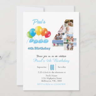 4th birthday photo collage number 4 Boy Invitation