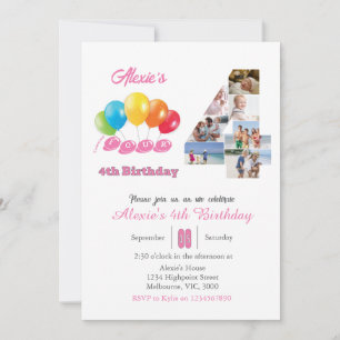 4th birthday photo collage number 4 Girl Invitation