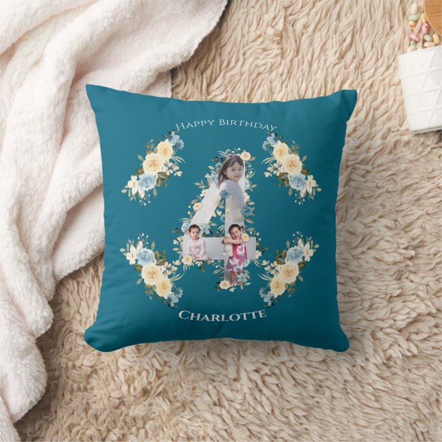 4th Birthday Photo Collage Teal Blue Yellow Flower Throw Pillow (Blanket)